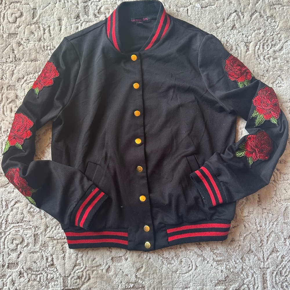 Material Girl Black and Red Varsity Jacket with Floral Embroidery
